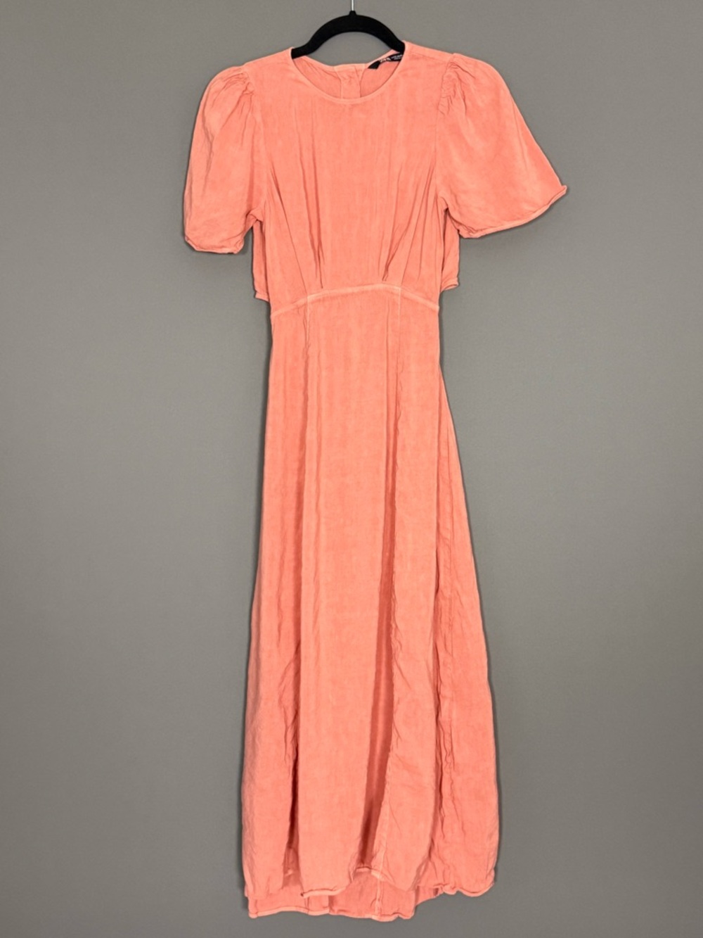 Zara Linen Blend Cutout Midi Dress Peach Coral Puff Sleeve XS - Picture 5 of 11